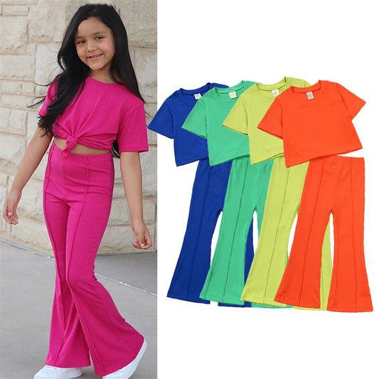 Girls' Summer 2pc Set Short Sleeve Tee + Flared Pants