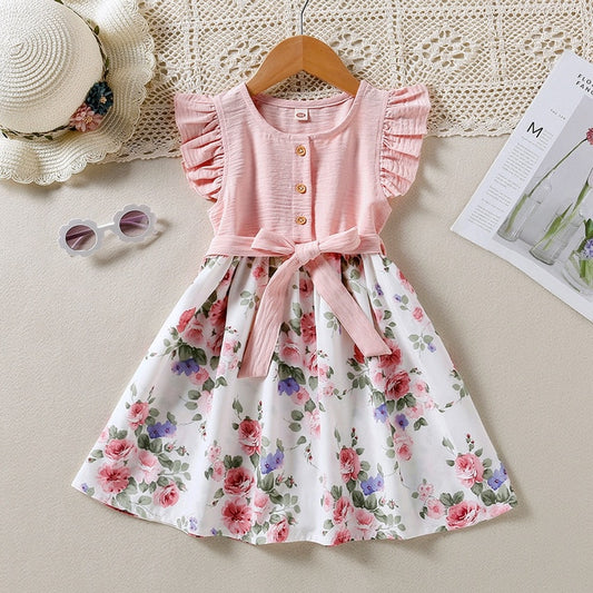 Robe florale à manches en dentelle pour filles 3-8 ans